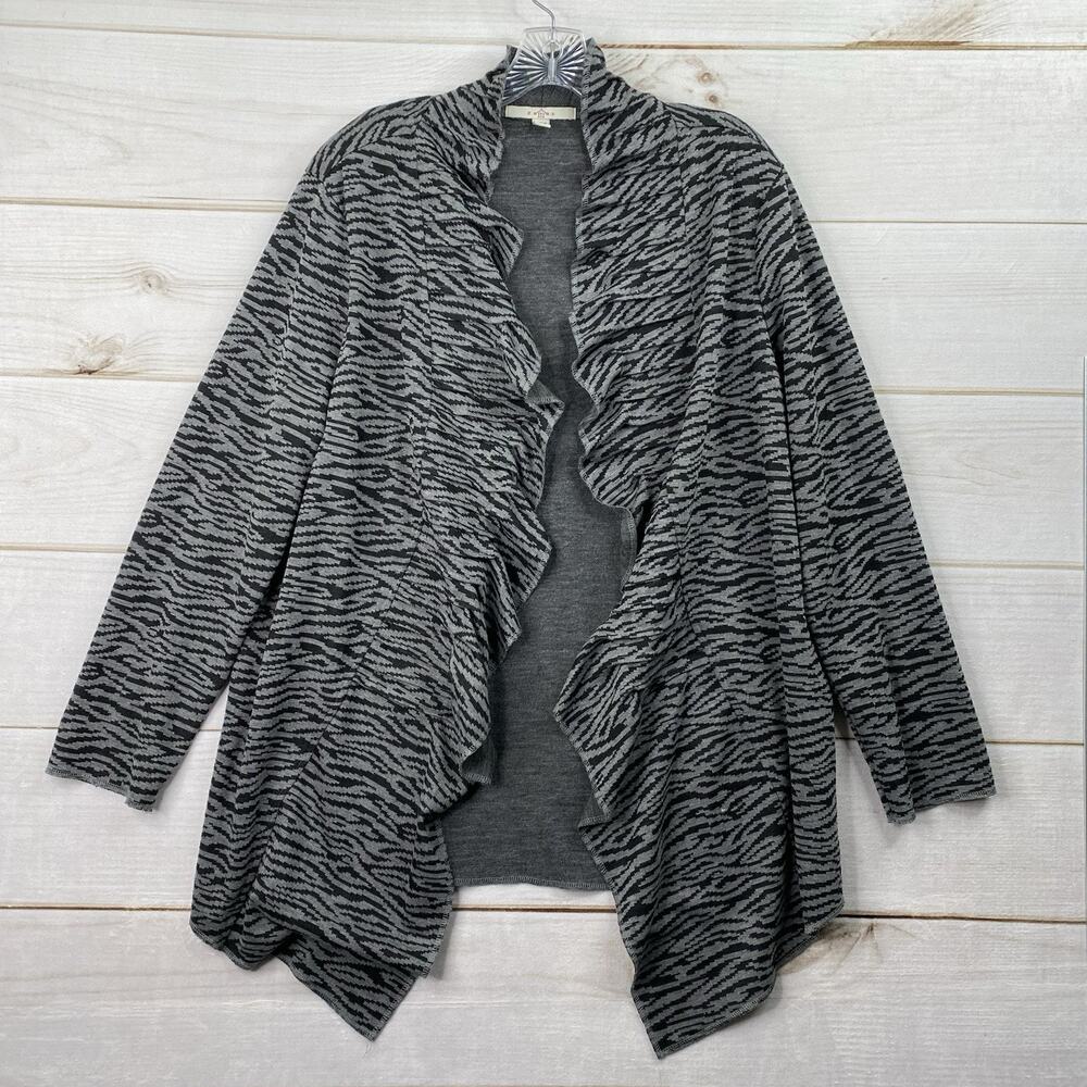 Fever Cardigan Sweater Womens 2X Open Front Gray Black Animal Print Ruffle Y2K